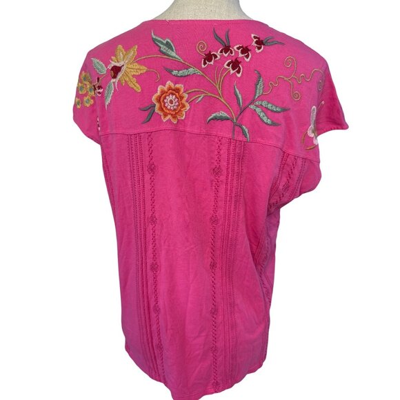 Johnny Was Pink Embroidered Floral Blouse Short Sleeve V-Neck M - Picture 5 of 9